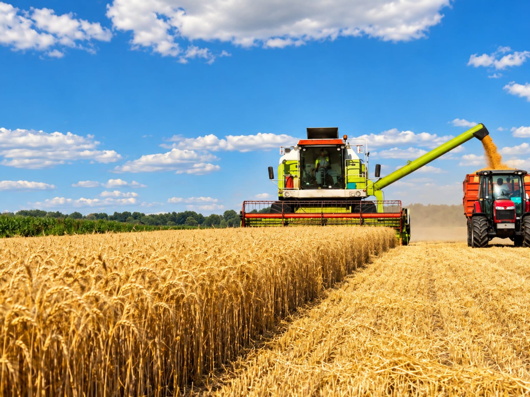 Cosechadora descargando grano en la tolva de un tractor, en plena cosecha del lote